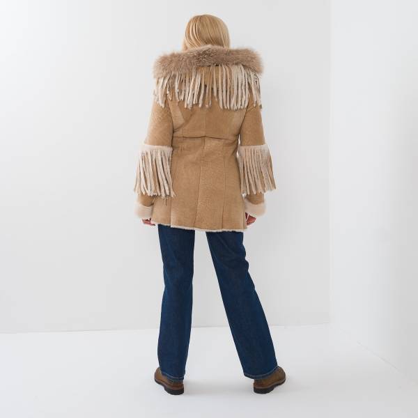 Manteau shearling franges beige
