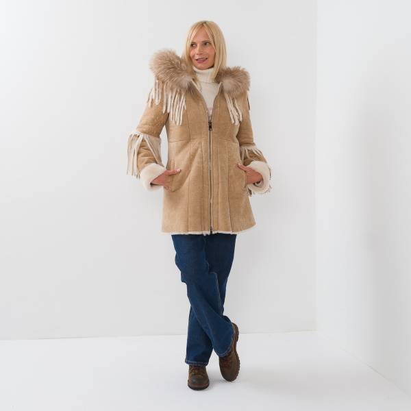 Manteau shearling franges beige
