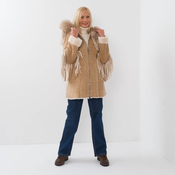 Manteau shearling franges beige
