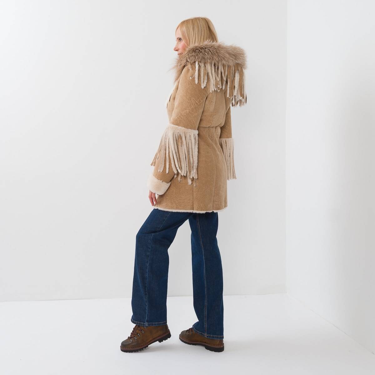Manteau shearling franges beige
