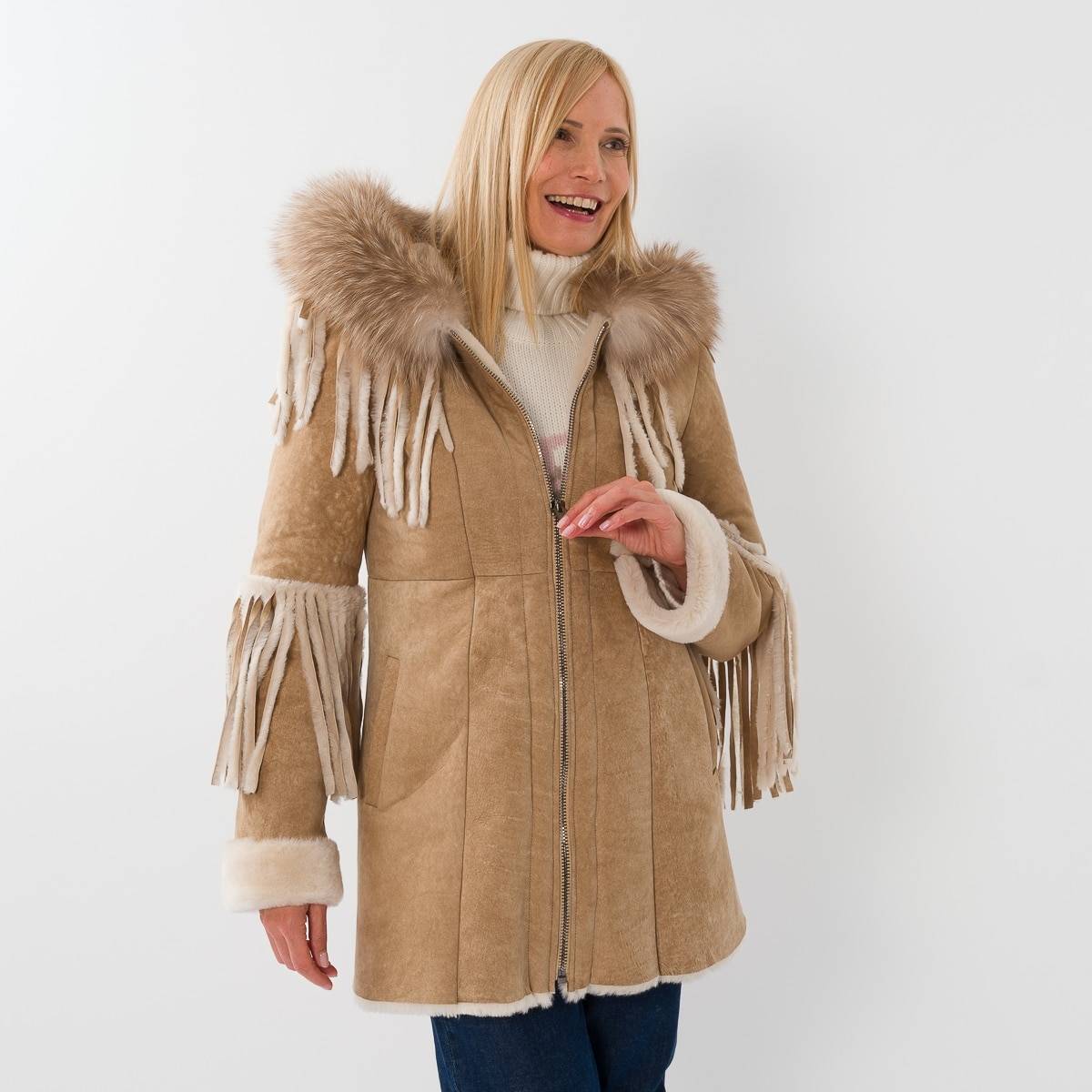 Manteau shearling franges beige