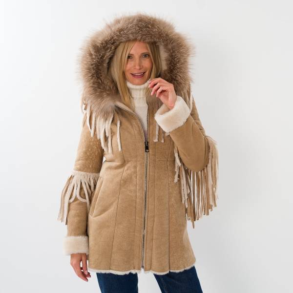 Manteau shearling franges beige