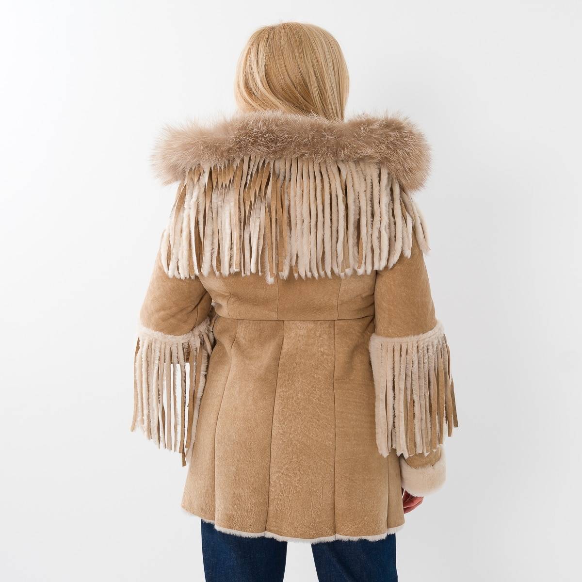 Manteau shearling franges beige