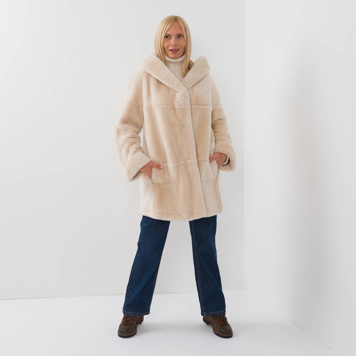 Manteau shearling reversible beige
