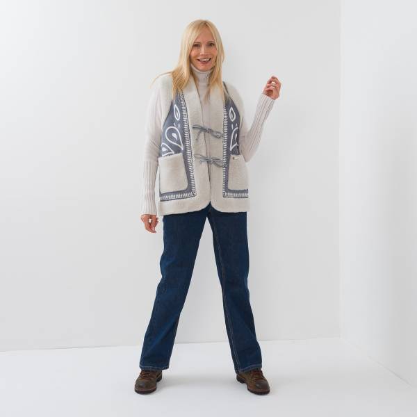 Gilet sans manches brodé mouton denim écru