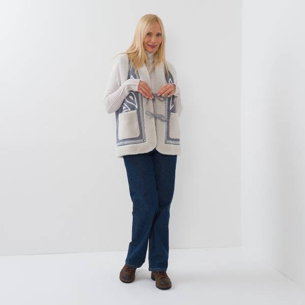 Gilet sans manches brodé mouton denim écru