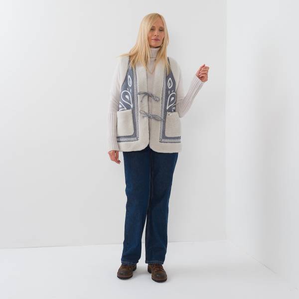 Gilet sans manches brodé mouton denim écru