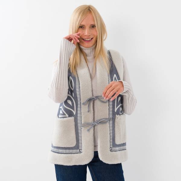 Gilet sans manches brodé mouton denim écru
