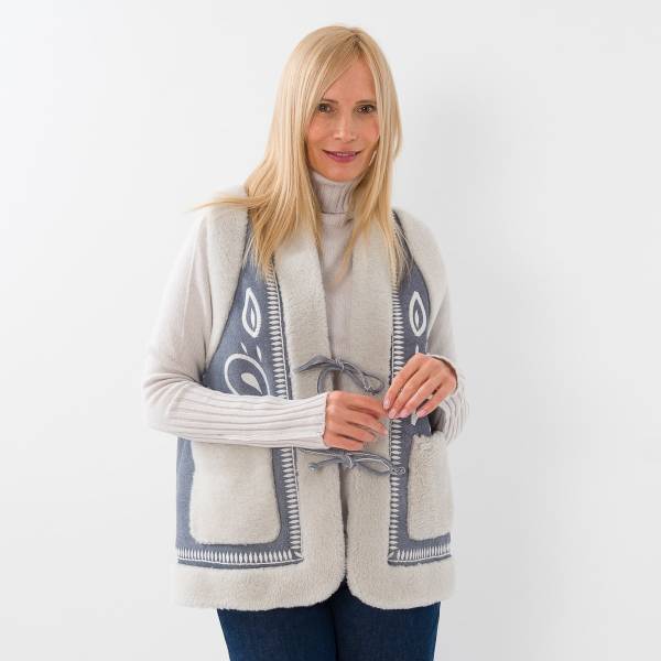 Gilet sans manches brodé mouton denim écru