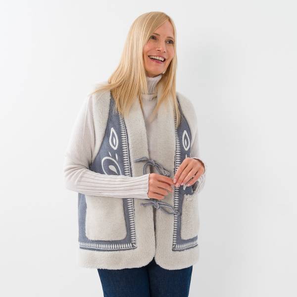 Gilet sans manches brodé mouton denim écru