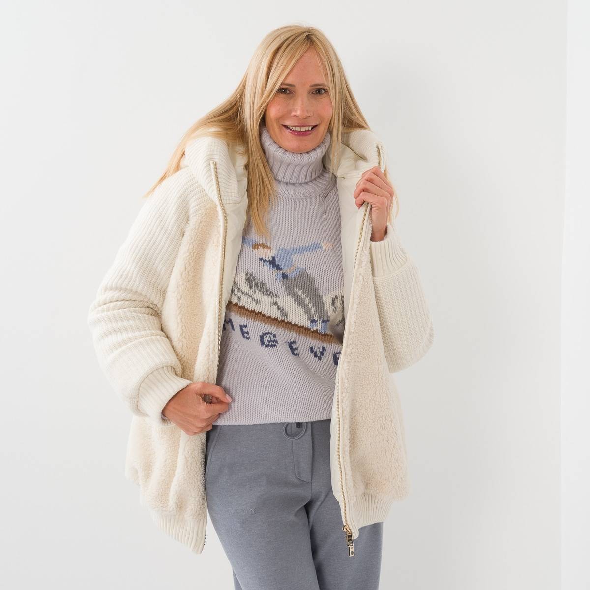 Veste zippée en mouton et cap maille écru