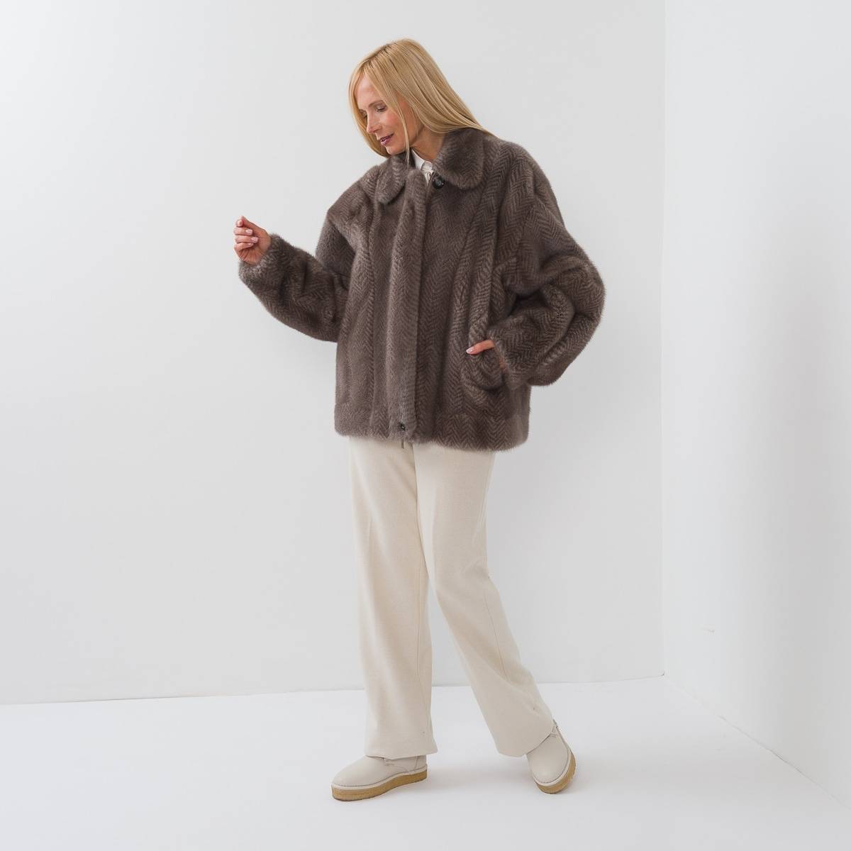 blouson vison imprimé chevron grey light grey