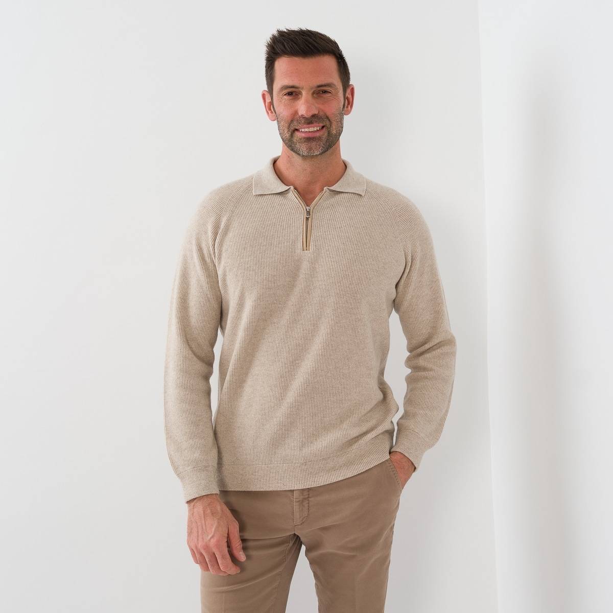 Pull col polo en baby cashmere beige