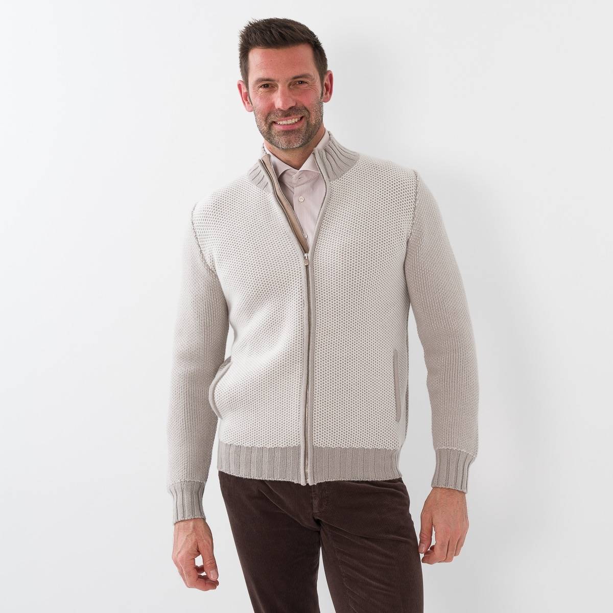 Gilet zip nid d'abeille cashmere écru sable taupe