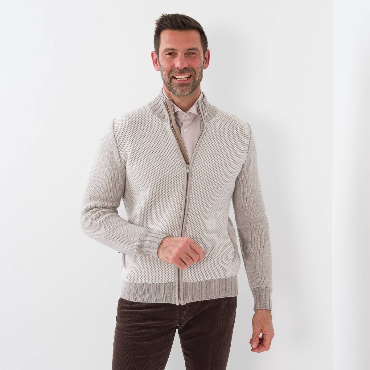 Gilet zip nid d'abeille cashmere écru sable taupe