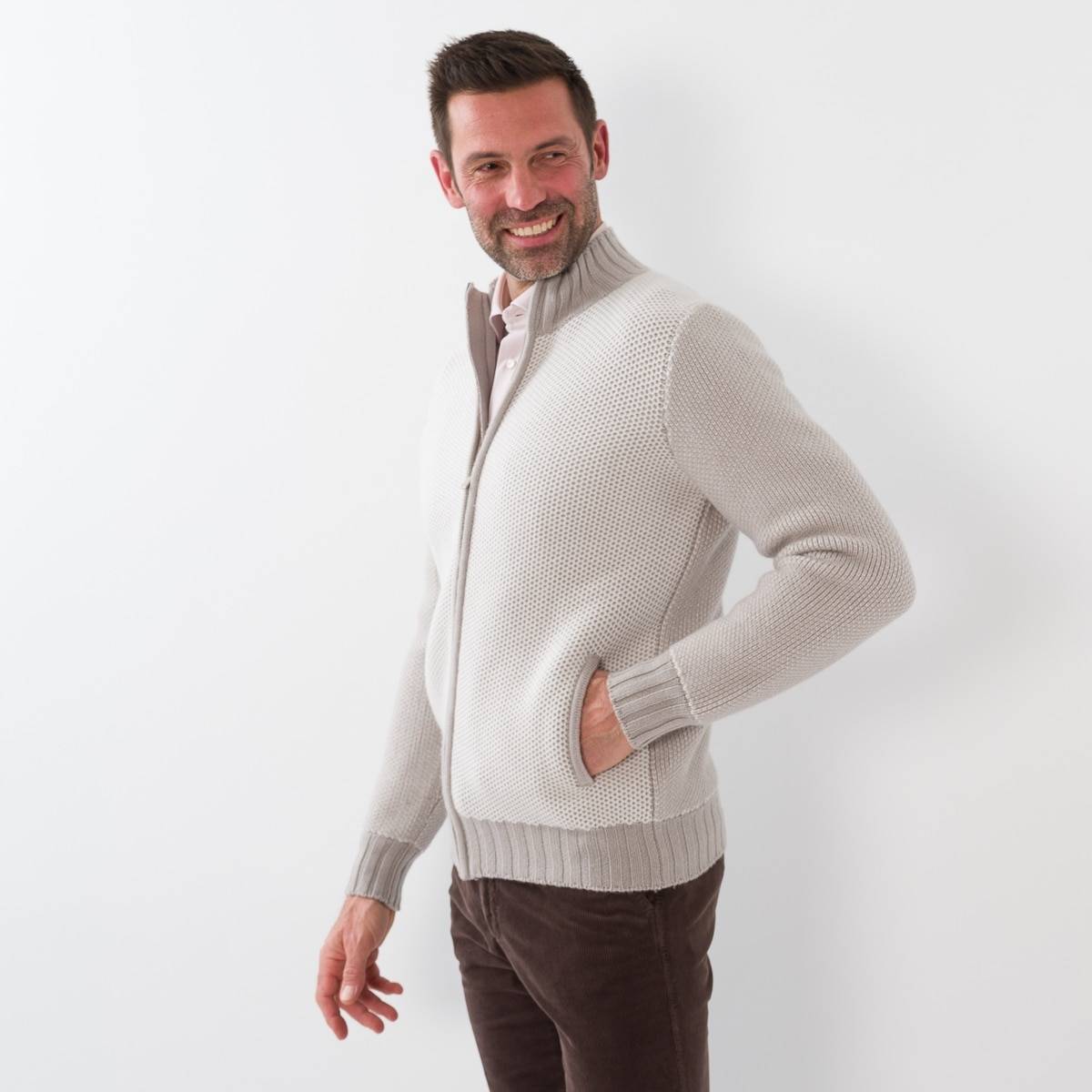 Gilet zip nid d'abeille cashmere écru sable taupe