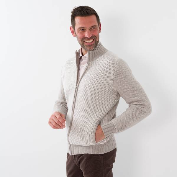 Gilet zip nid d'abeille cashmere écru sable taupe