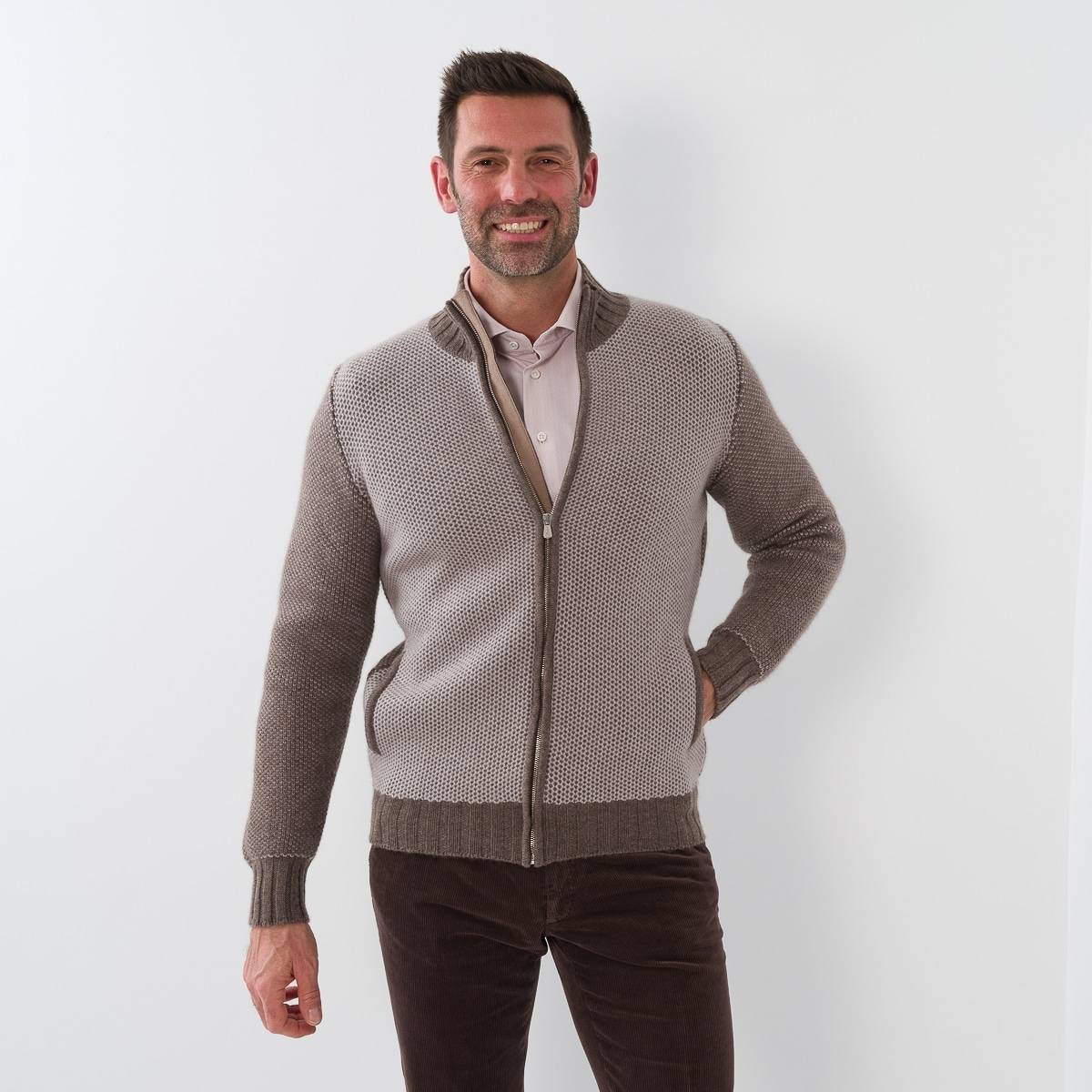 Gilet zip nid d'abeille cashmere beige taupe taupe