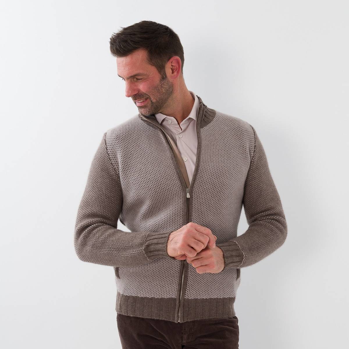 Gilet zip nid d'abeille cashmere beige taupe taupe