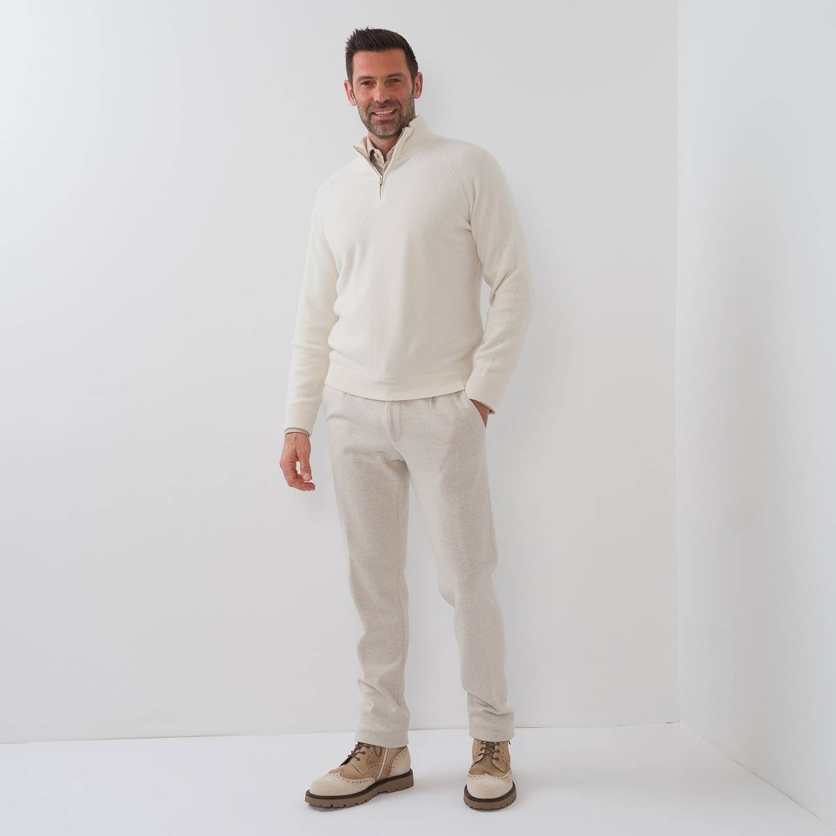 Pull zippé en baby cashmere écru