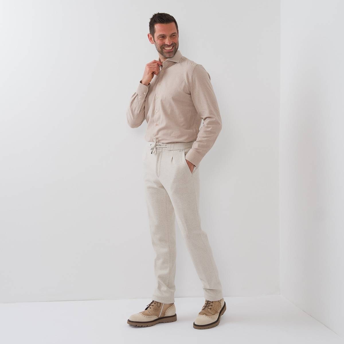 Chemise en coton cashmere pied de puce écru beige