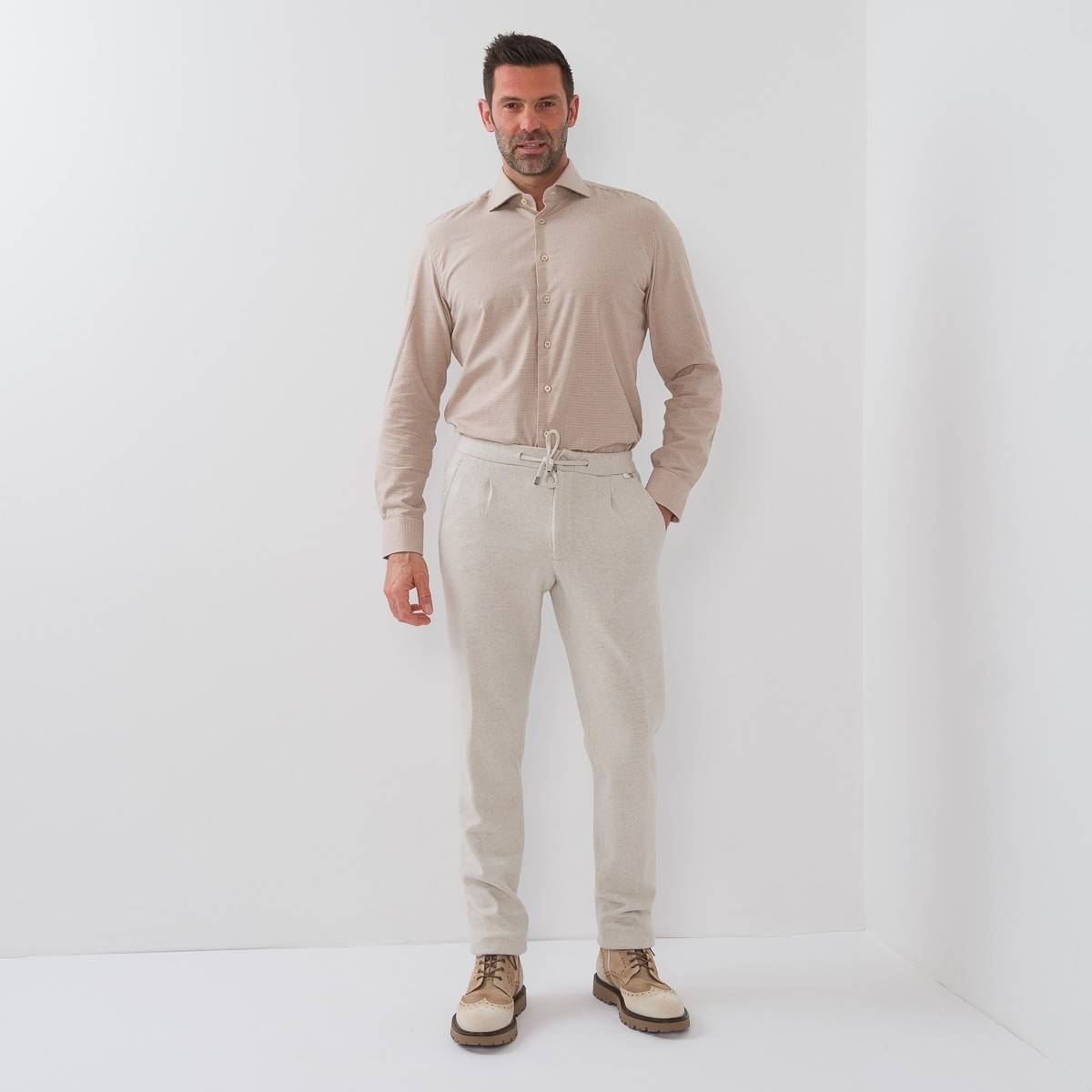 Chemise en coton cashmere pied de puce écru beige