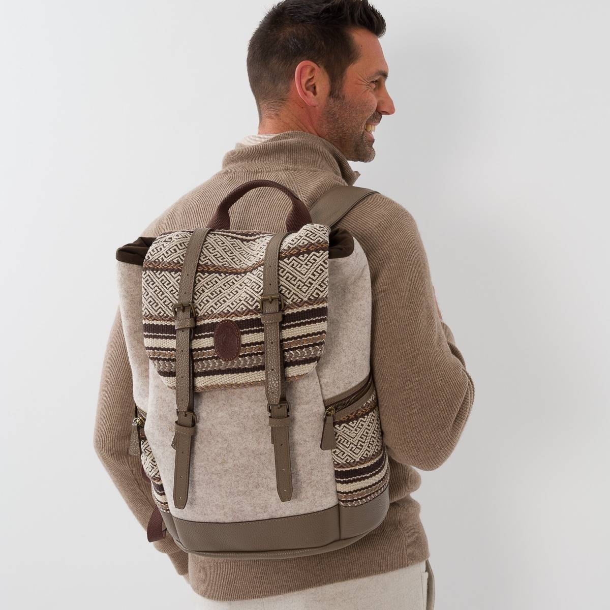 Sac à dos Jacquard brun beige grège