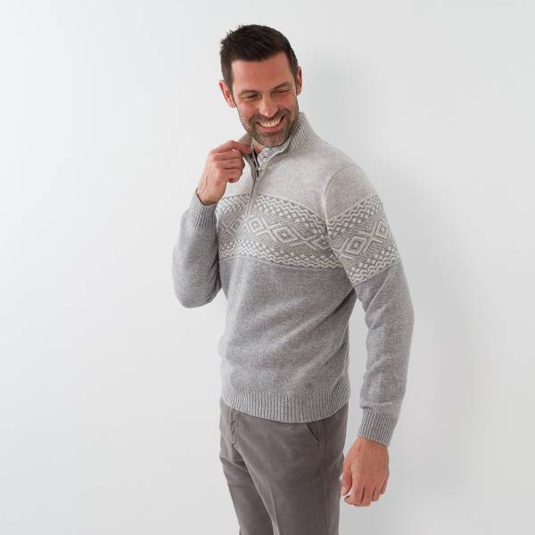 Pull zippé en cashmere motif intersia souris écru