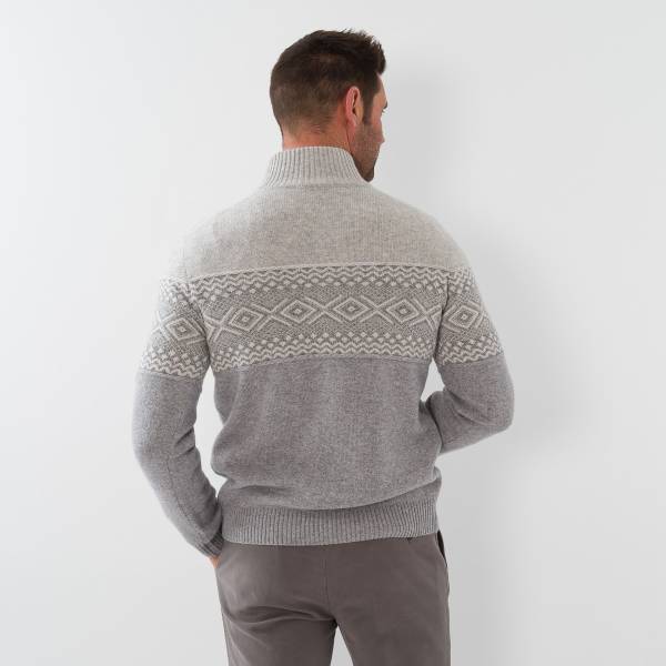 Pull zippé en cashmere motif intersia souris écru