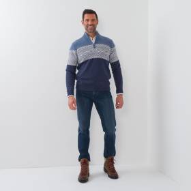 Pull zippé en cashmere motif intersia denim écru