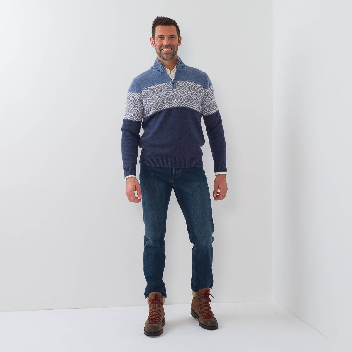 Pull zippé en cashmere motif intersia denim écru