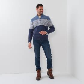 Pull zippé en cashmere motif intersia denim écru