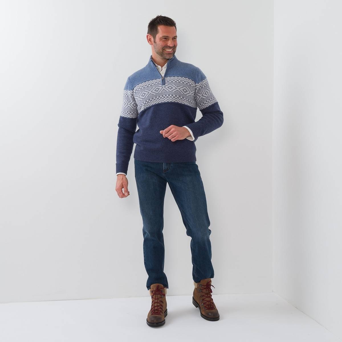 Pull zippé en cashmere motif intersia denim écru