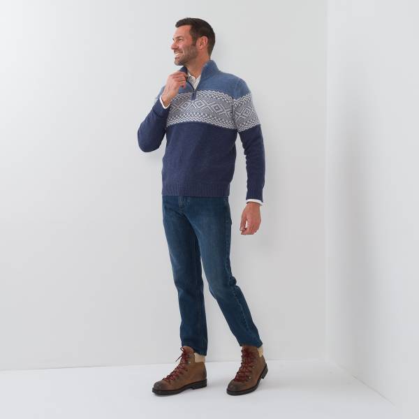 Pull zippé en cashmere motif intersia denim écru