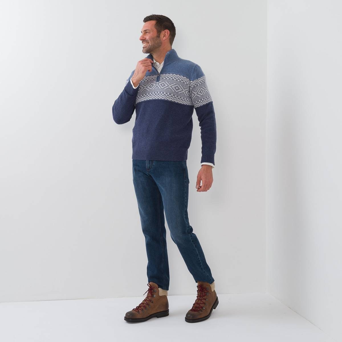 Pull zippé en cashmere motif intersia denim écru