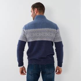 Pull zippé en cashmere motif intersia denim écru