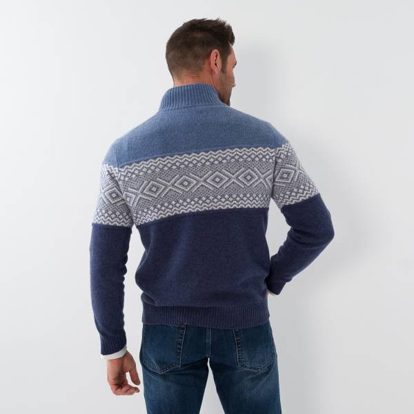 Pull zippé en cashmere motif intersia denim écru