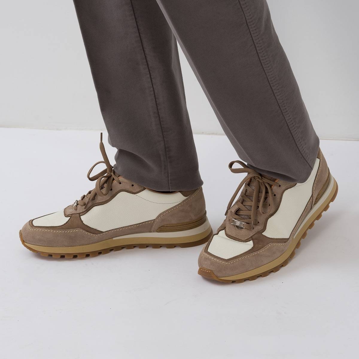 Basket cuir tri matières beige taupe offwhite