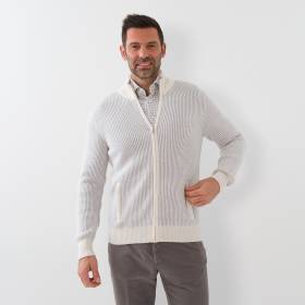 Gilet zippé en cashmere motif vanisé écru souris