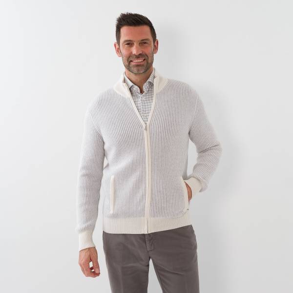 Gilet zippé en cashmere motif vanisé écru souris