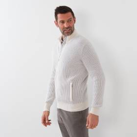 Gilet zippé en cashmere motif vanisé écru souris