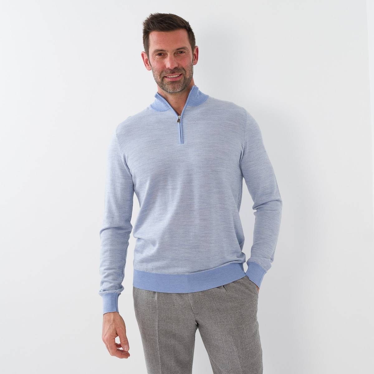 Pull zip laine jacquard ciel gris