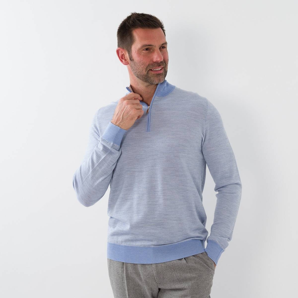 Pull zip laine jacquard ciel gris
