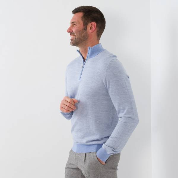 Pull zip laine jacquard ciel gris