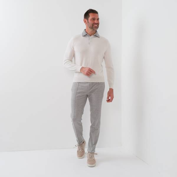 Pull col polo tricolore écru souris gris