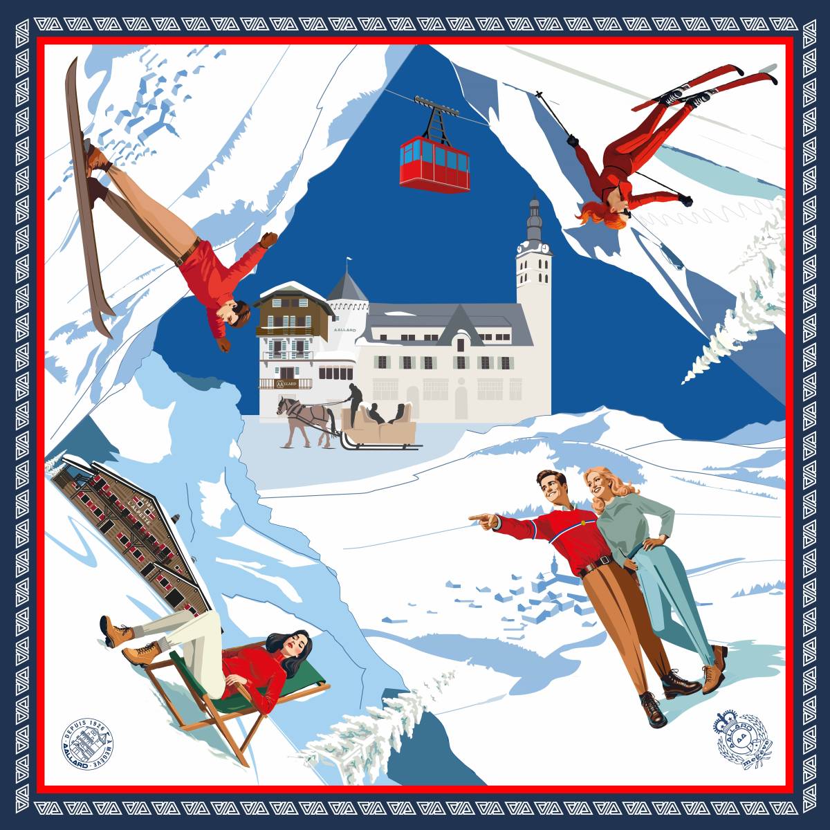 Foulard en soie "100ans AA" blanc bleu rouge
