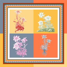 Foulard en soie fleur alpes 90x90 orange jaune denim
