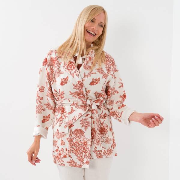 Veste ceinturée en lin imprimé terra cotta