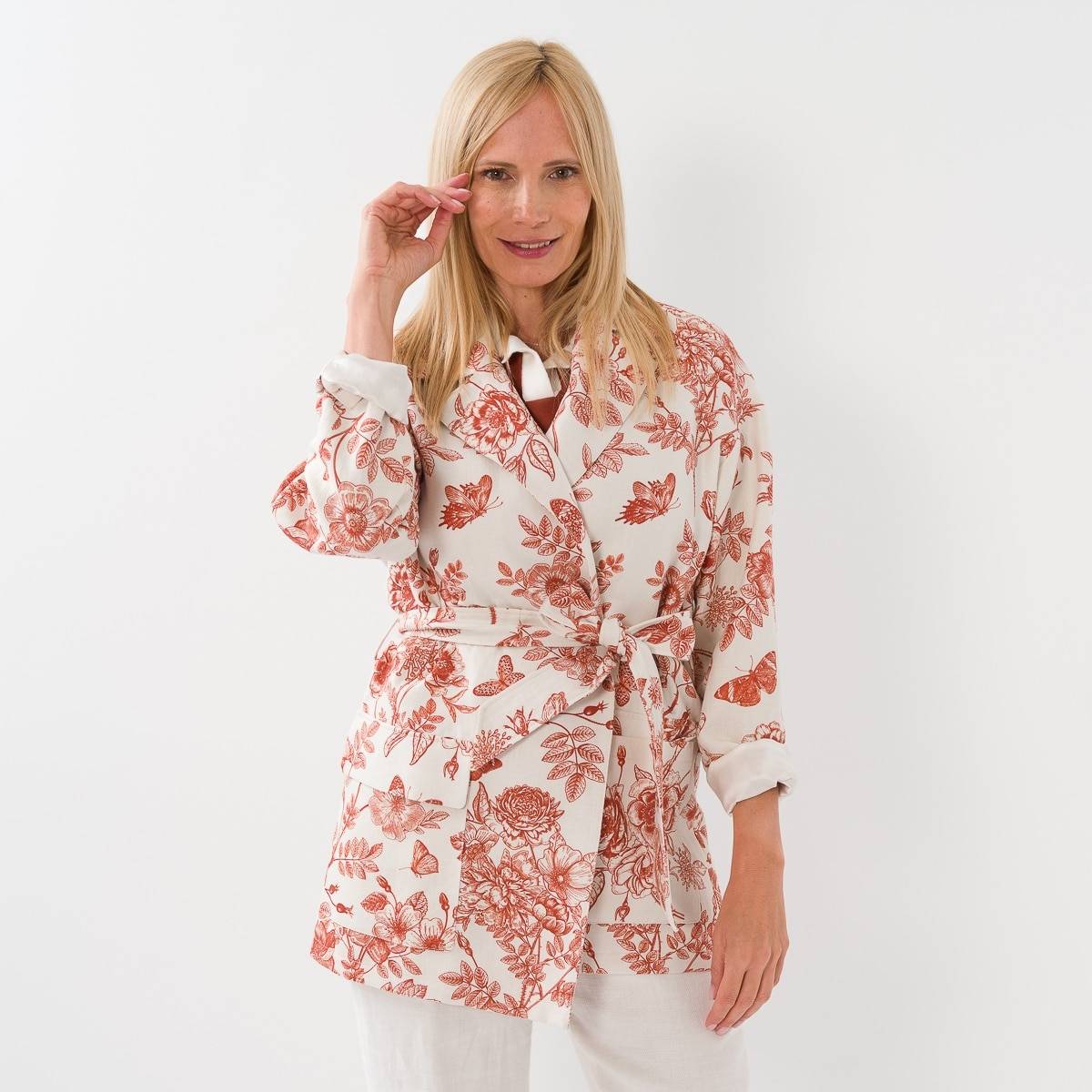 Veste ceinturée en lin imprimé terra cotta