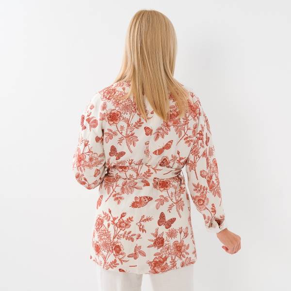 Veste ceinturée en lin imprimé terra cotta
